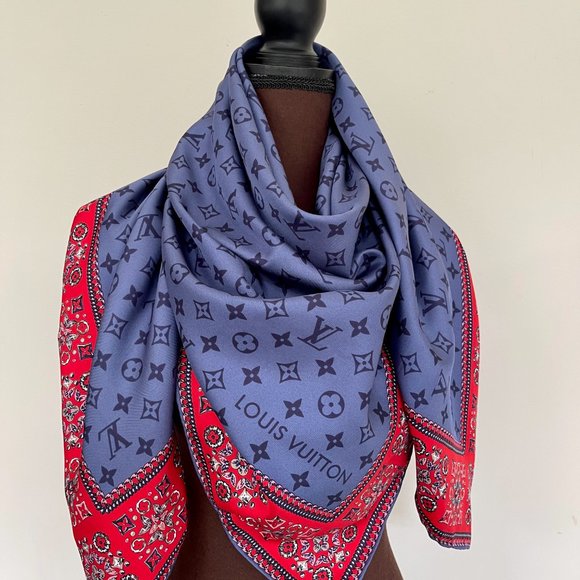 New Louis Vuitton Oversize Scarf Monogram Giant Blue Red Silk Wrap - Picture 4 of 16